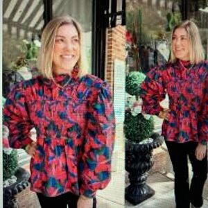 Victoria Dunn Vibrant Red and Blue Blouse Size L